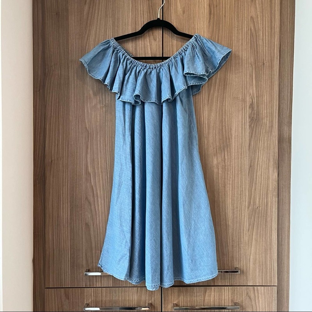 Alexa Chung for AG Denim Chambray Honey Ruffle Off The Shoulder Dress